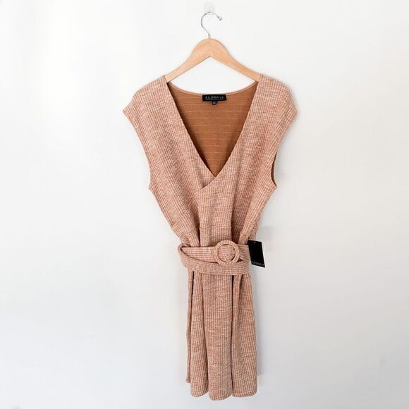 Eloquii rust tan extended shoulder rib mini dress with monochromatic belt - Picture 2 of 8